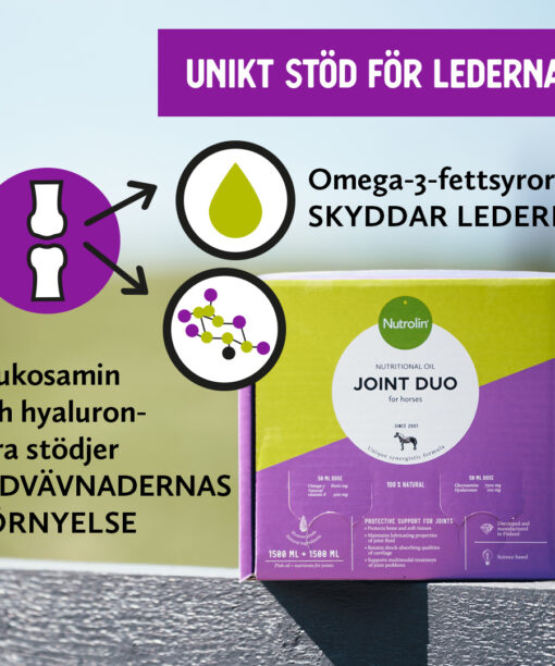 Nutrolin® HORSE Joint Duo är en unik kombination av fettsyror och näringsämnen för lederna. Fiskoljans omega-3-fetsyror skyddar lederna, medan glukosamin och hyaluronsyra stödjer ledvävnadernas förnyelse.