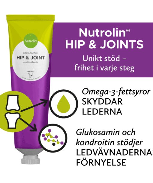 Nutrolin® HIP & JOINT är en unik kombination av fettsyror och näringsämnen för hundens och kattens leder. Fiskoljans omega-3-fetsyror skyddar lederna, medan glukosamin och kondroitin stödjer ledvävnadernas förnyelse.