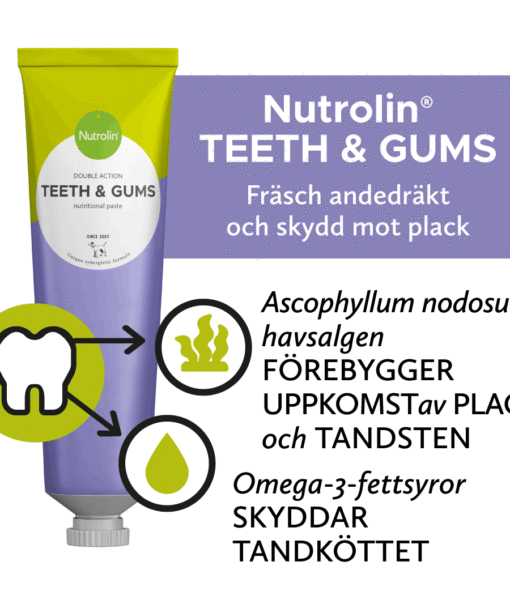 Nutrolin® TEETH & GUMS är en unik kombination av näringsämnen som främjar hundens och kattens munhälsa: fiskolja och havsalger.