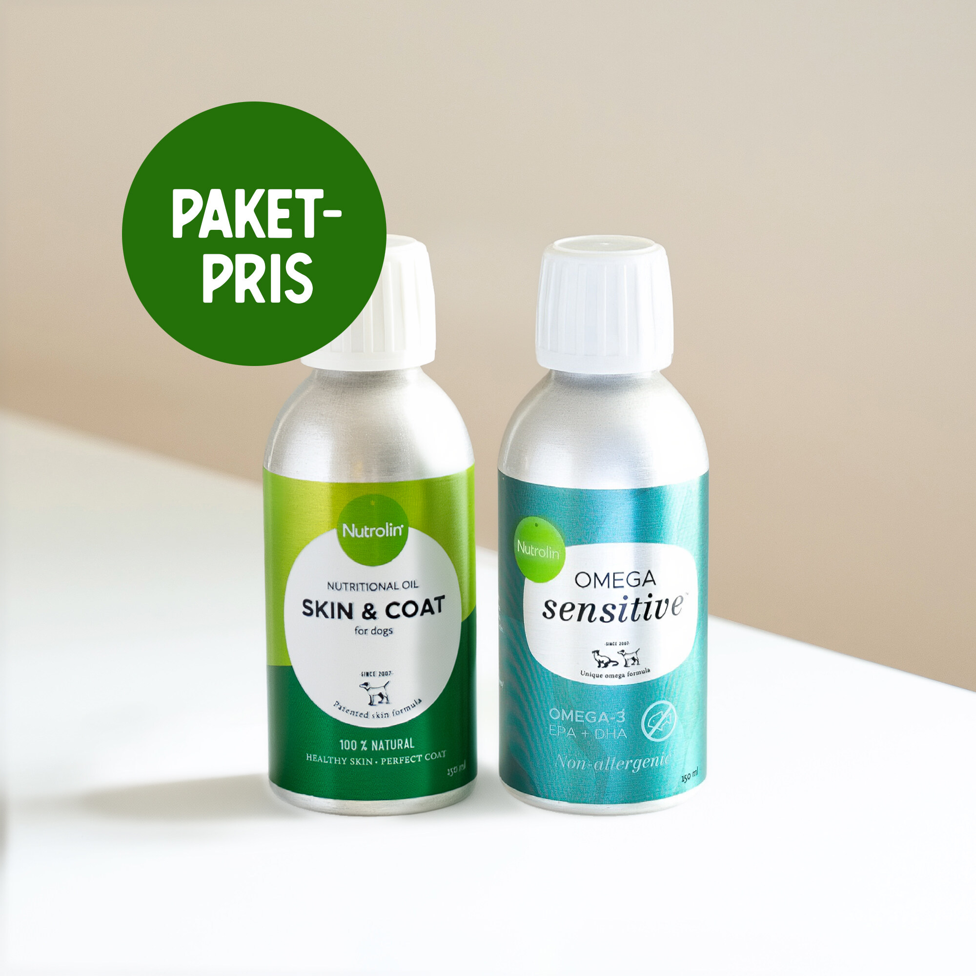 Nutrolin® OMEGA SENSITIVE® och Nutrolin® SKIN & COAT i storlek 150 ml för ett förmånligt paketpris