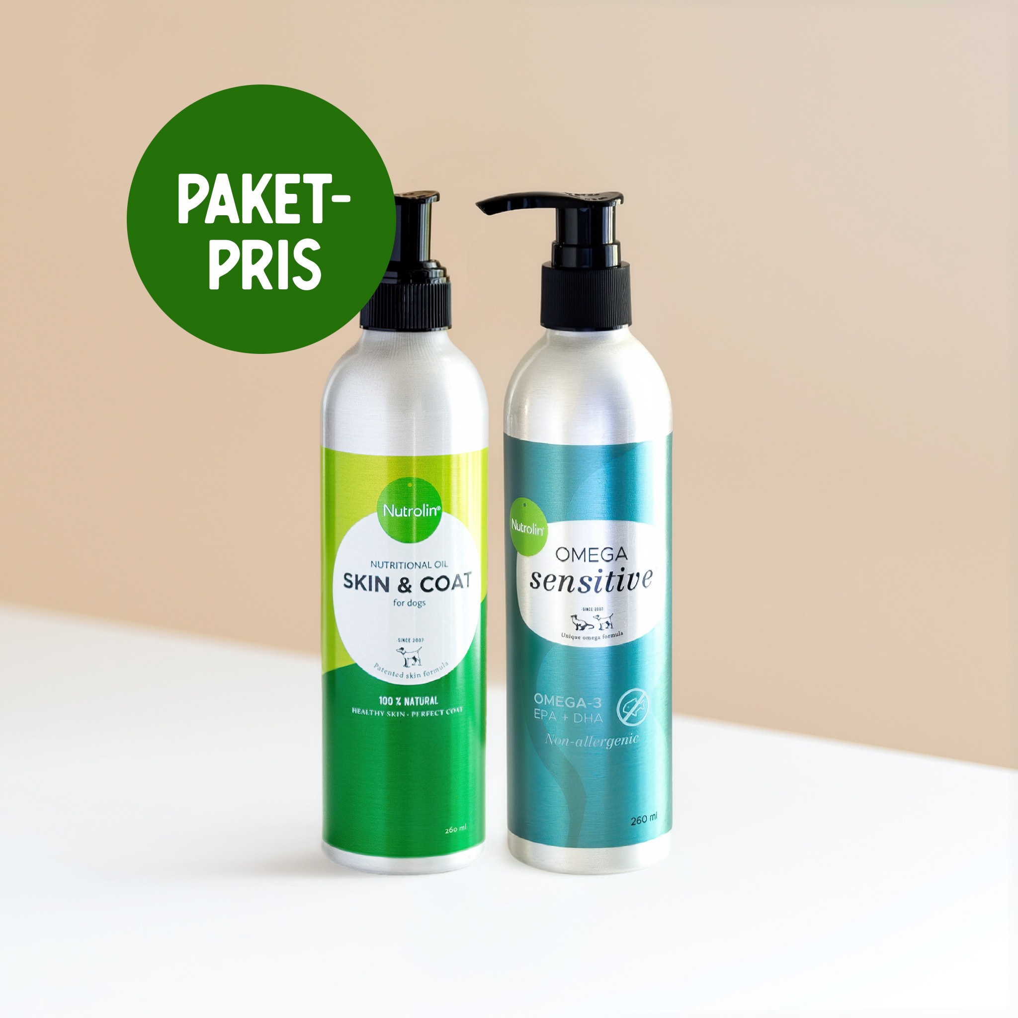 Nutrolin® OMEGA SENSITIVE® och Nutrolin® SKIN & COAT i storlek 260 ml för ett förmånligt paketpris