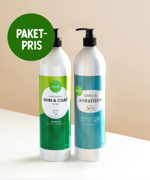 Nutrolin® OMEGA SENSITIVE® och Nutrolin® SKIN & COAT i storlek 990 ml för ett förmånligt paketpris