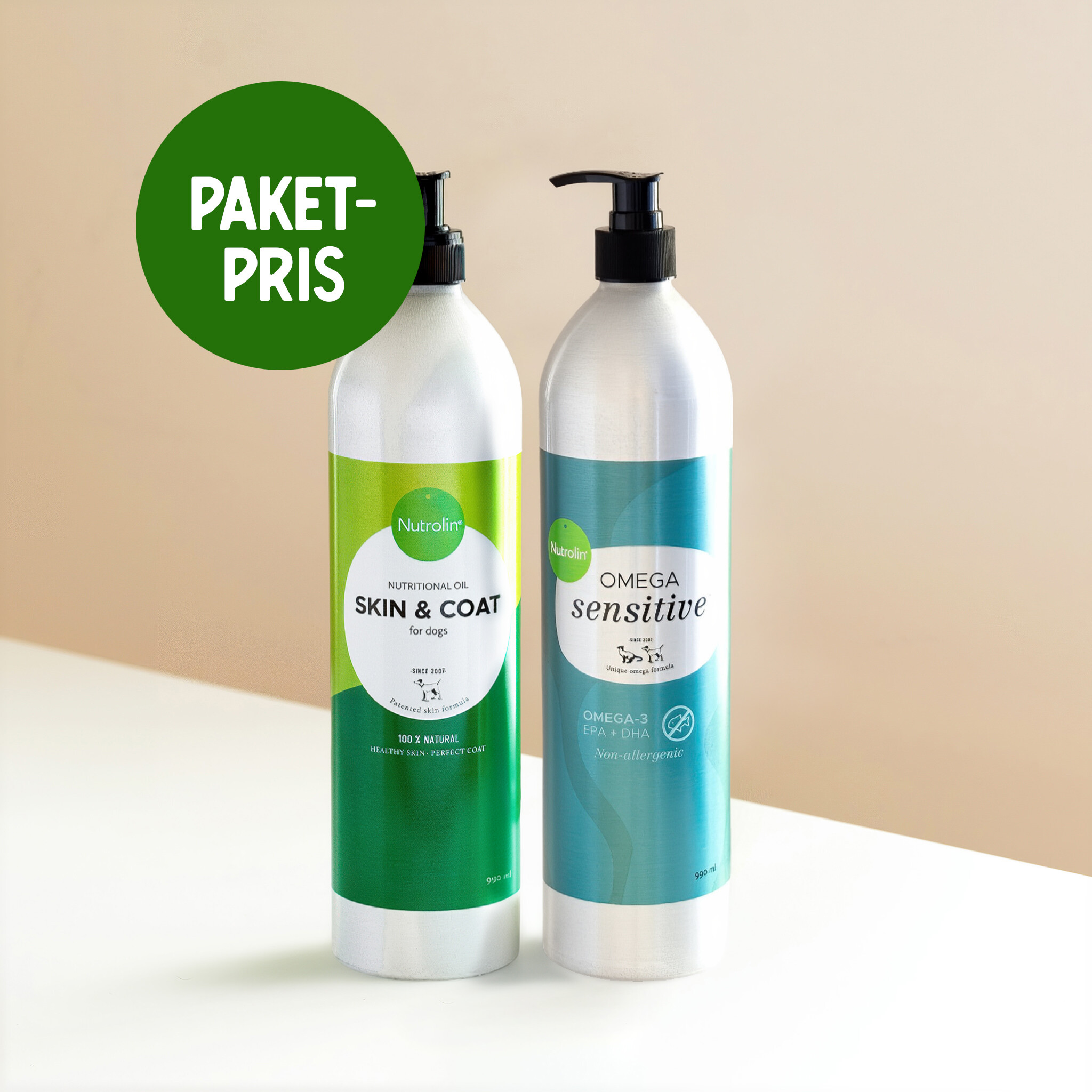 Nutrolin® OMEGA SENSITIVE® och Nutrolin® SKIN & COAT i storlek 990 ml för ett förmånligt paketpris