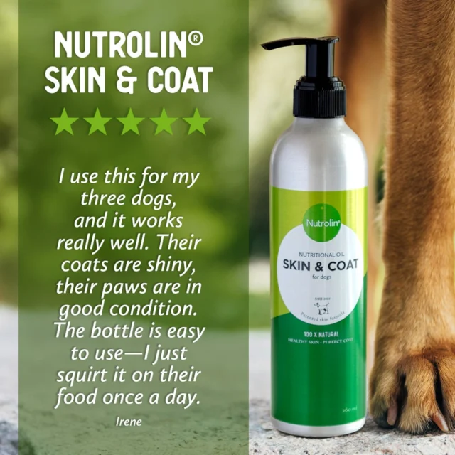 Irene’s attitude deserves applause! This is exactly how easy it is to use Nutrolin® products:“I use this for my three dogs, and it works really well. Their coats are shiny, their paws are in good condition. The bottle is easy to use—I just squirt it on their food once a day.”Dosing checklist:💚 Nutrolin® products are not medicines. What matters most is that over the course of 1–2 months, your dog, cat or horse gets the right total amount of oil or paste.💚 You’ll find dosing instructions on the package. With our pastes, you can measure the right-sized dollop into the bowl the first time, and then simply eyeball the same amount in the future.💚 The longer your animal uses our products, the better the omega-3 fatty acid levels in their body. After about three months, the levels will have reached their peak.